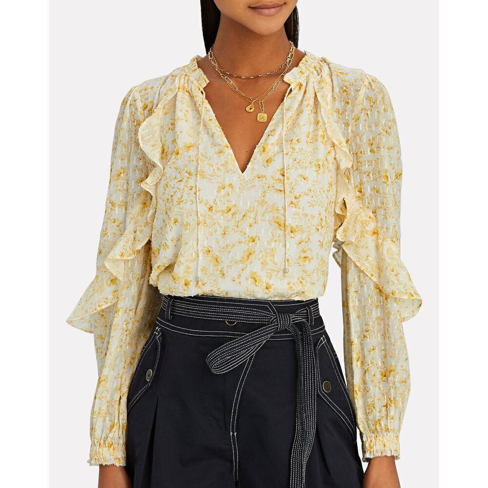 Intermix Yellow Floral Blouse Size 14 | Ruffle V-Neck Boho Romantic Top